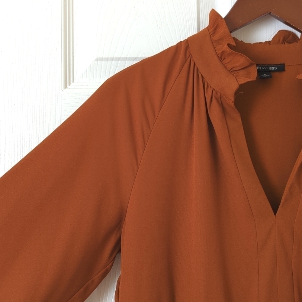 Sam and Jess Ruffle Tiered Long Sleeve V-neck Mini Babydoll Swing Dress Rust S - Picture 6 of 13